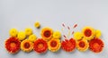 Creative composition of beautiful yellow and orange gerbera flowers with petals on gray background. Autumn border. Flat lay. Royalty Free Stock Photo