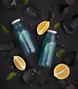 Creative composition of blue detox water with fresh lemon Royalty Free Stock Photo