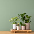 Creative composition of botanic home interior design with lots of plants in classic designed pots and accessories on the wooden