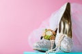 Creative composition of bridal lace shoes Royalty Free Stock Photo