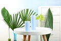 Creative composition with candles and tropical plants Royalty Free Stock Photo