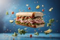 Creative composition. Classic American sandwich on a light blue background in frozen flight. Minimalism.