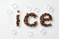 Creative composition of coffee beans and ice cubes forms the word ice on a white background inviting refreshment and flavor Royalty Free Stock Photo