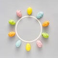 Creative composition with colorful Easter eggs and gray background. Minimal Spring holidays concept. Creative copy space. Flat lay Royalty Free Stock Photo