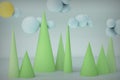 Creative composition from 3d shapes balls and cones as a natural landscape with clouds, horizontal Royalty Free Stock Photo