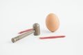 Creative composition with Easter egg, hammer and nail. Minimal holiday concept Royalty Free Stock Photo