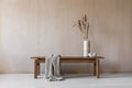 Creative composition with elegant wooden bench. Beautiful decorations and accessories. Modern home interior design. Retro.