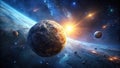 A celestial body in a star system with asteroids and comets, orbiting a bright star and a gas giant, surrounded by a ring of Royalty Free Stock Photo