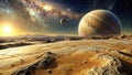 A desolate alien landscape under a twin-sun sky with a gas giant and distant nebula. Generative AI Royalty Free Stock Photo
