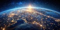 Global network of interconnected points of light illuminating a planet at sunrise. Generative AI Royalty Free Stock Photo