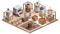 Isometric illustration of a beverage production facility depicting the entire process from raw materials to finished product. Royalty Free Stock Photo