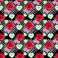 Picture with the image of geometric shapes, roses and hearts. Abstraction.