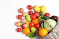 Creative composition with fresh vegetables and fruits on background, top view Royalty Free Stock Photo