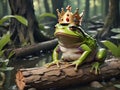 A creative composition of a frog wearing a crown sitting on a log in a Japanese anime style - generated by ai Royalty Free Stock Photo