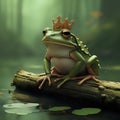 A creative composition of a frog wearing a crown sitting on a log in a Japanese anime style - generated by ai Royalty Free Stock Photo