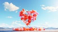 Creative composition of heart-shaped balloons soaring against a clear blue sky. The balloons are arranged to form the heart