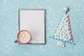 Creative composition with hot cocoa or chocolate, silver frame and fir tree made of marshmallow on winter desk. Christmas mockup. Royalty Free Stock Photo