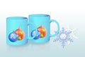 Decorative winter background with cups, Christmas balls and snowflakes