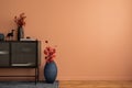 Creative composition of iving room interior with copy space, black sideboard, navy vase with red dried flowers, books, dog, carpet