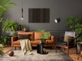 Creative composition of living room interior with mock up poster frame, brown sofa, leather armchair, black coffee table, plaid, Royalty Free Stock Photo