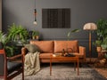 Creative composition of living room interior with mock up poster frame, brown sofa, plants, wooden coffee table, lamp, ball, Royalty Free Stock Photo