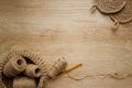 Creative composition with natural jute twine roll - linen or cannabis and body jute washclothes or for dishes on wooden background