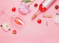 Creative composition with rose wine and delicious strawberries on the pink background Royalty Free Stock Photo