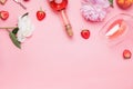 Creative composition with rose wine and delicious strawberries on the pink background Royalty Free Stock Photo