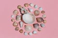 Creative composition from seashells isolated on the pink background
