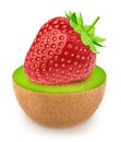 Creative composition with a strawberry lying on a half of kiwi isolated on a white background Royalty Free Stock Photo