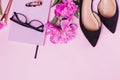 Creative composition with woman`s accessories and beautiful pink peonies Royalty Free Stock Photo