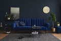 Creative composition of modern living room interior design with glamour blue sofa, metal shelf, coffee table. Royalty Free Stock Photo