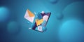 Creative concept banner. Tablet with mail, files and folder. Isometric illustration for mobile app development