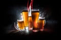 Creative concept. Beer glasses on wooden table at dark toned foggy background Royalty Free Stock Photo
