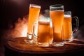 Creative concept. Beer glasses on wooden table at dark toned foggy background Royalty Free Stock Photo