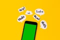 Creative concept of coronavirus mockup. A black telephone lies on a yellow background, next to it are paper message clouds on