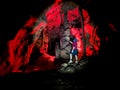 Creative concept created with cave interior texture, stalactites, stalagmites and colors