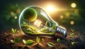 Creative concept of an eco-friendly light bulb with a blooming miniature green world inside. Royalty Free Stock Photo