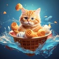 Creative concept food illustration pet cat in sweet waffle fish with ice cream