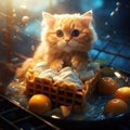 Creative concept food illustration pet cat in sweet waffle fish with ice cream Royalty Free Stock Photo