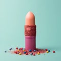 Creative concept with lipstick with colorful cake sprinkles.