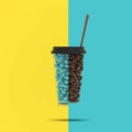 Creative Concept : Outstanding coffee beans in shape of cup on pastel blue and yellow contrast background.minimal concept idea.