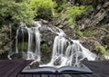 Creative concept pages of book Landscape detail of waterfall over rocks in Summer long exposure blurred motion Royalty Free Stock Photo