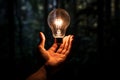 Creative concept: a person holding a shining white light bulb