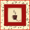 Creative concept photo of a cup of coffee and hearts made of coffee beans on a background of musical symbols. Inscription