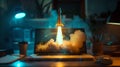 Creative Concept of Rocket Launch from a Laptop Screen in a Dark Room. Imaginative Digital Artwork with a Technology Royalty Free Stock Photo