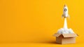 Conceptual Launch of Rocket from Box with Orange Smoke in Creative Minimalist Style.Generative AI Royalty Free Stock Photo