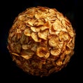 A spherical arrangement of golden potato chips against a black background. Conceptual image that represents indulgence Royalty Free Stock Photo