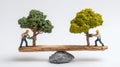 A creative conceptual image featuring two miniature figures sawing trees on a seesaw, balanced. Royalty Free Stock Photo