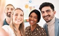 Creative, corporate and happy team taking a selfie on a phone in office conference room. Portrait of business employee